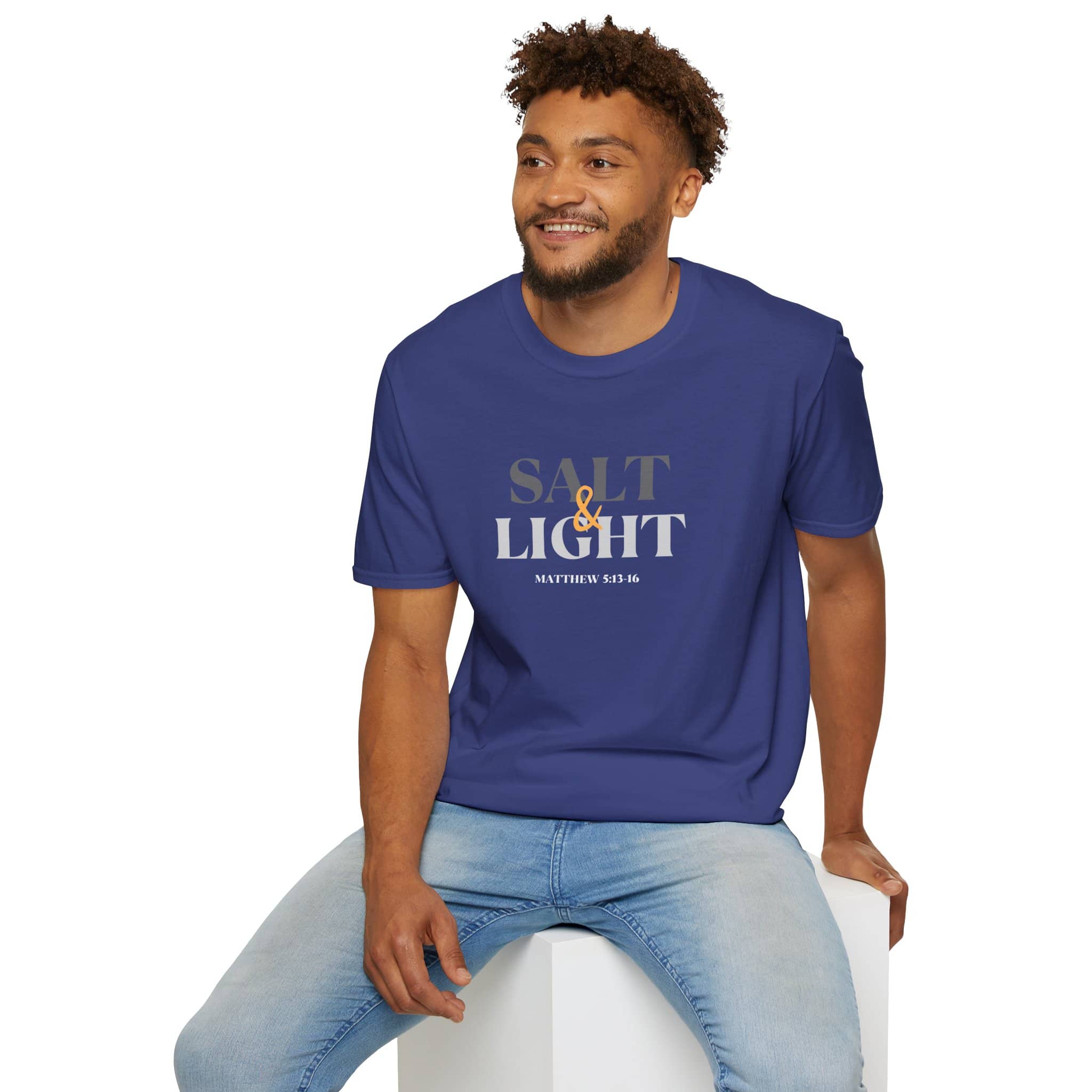 Lightweight Christian t-shirt in navy blue with Salt and Light print, featuring Matthew 5:16 verse