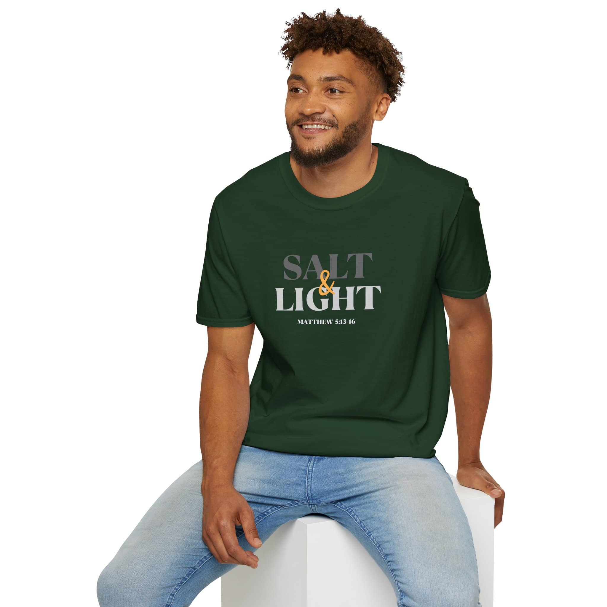 Lightweight Christian t-shirt featuring 'Salt & Light' design with Matthew 5:16 in stylish typography