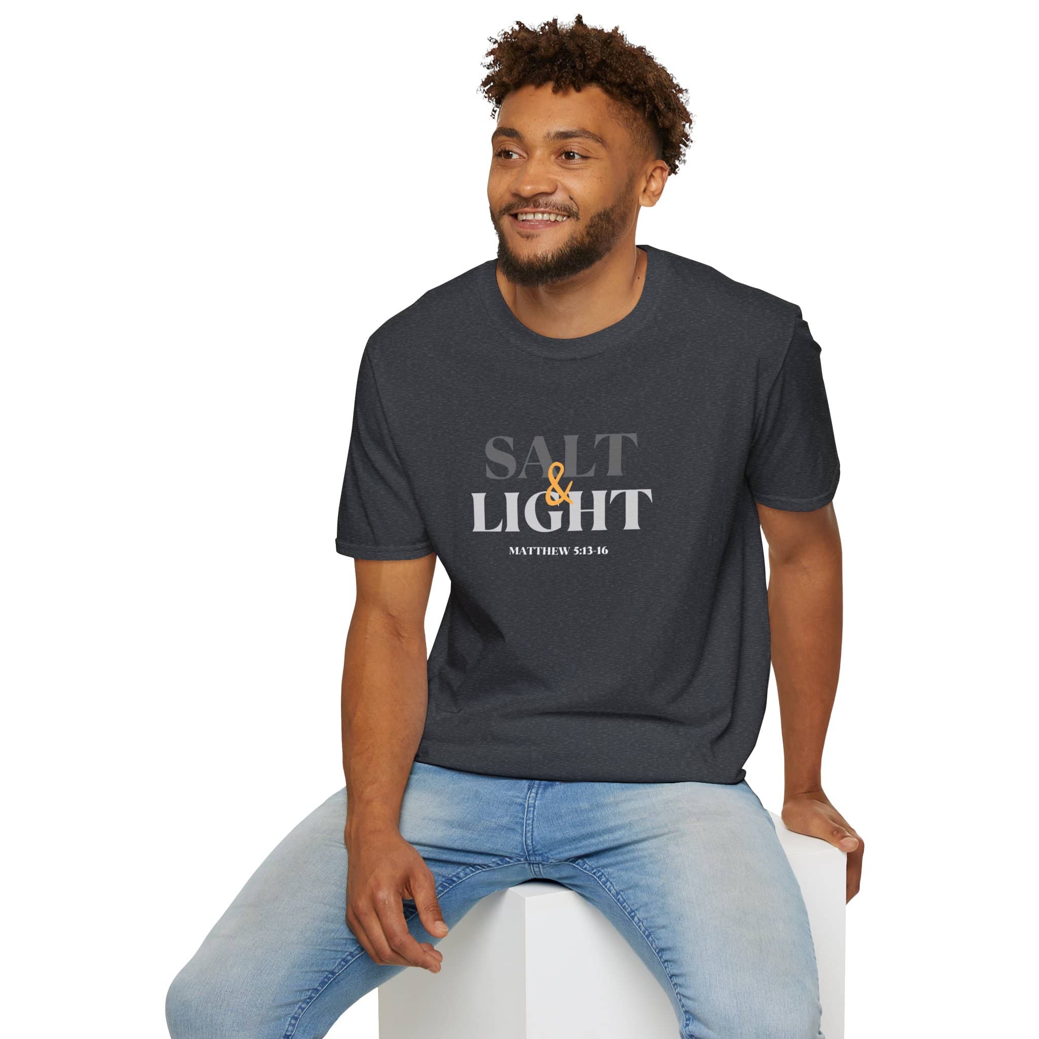 Lightweight Christian t-shirt featuring 'Salt & Light' design with Matthew 5:16 scripture