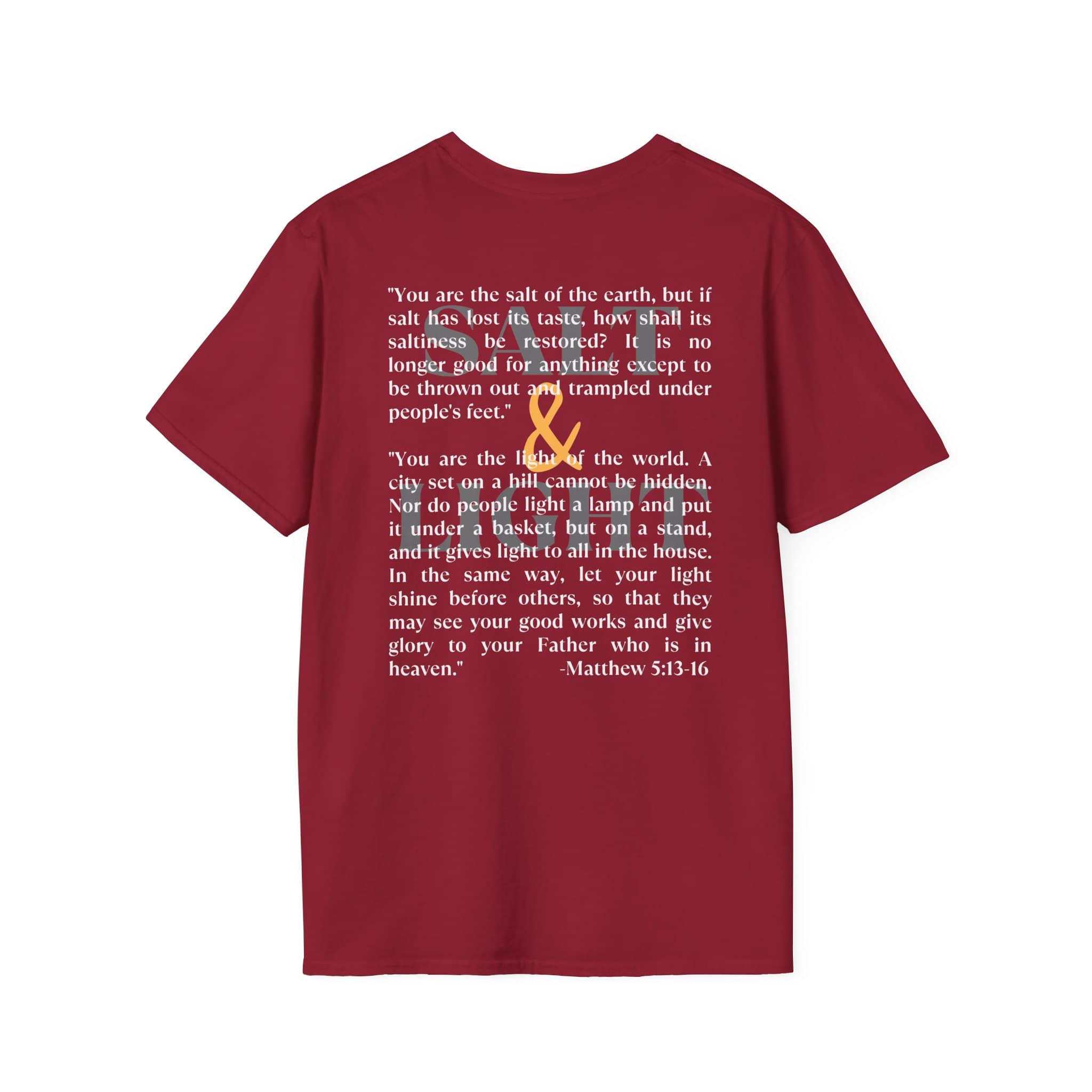Maroon Lightweight Christian t-shirt featuring Matthew 5:16 inspirational quote and graphic design