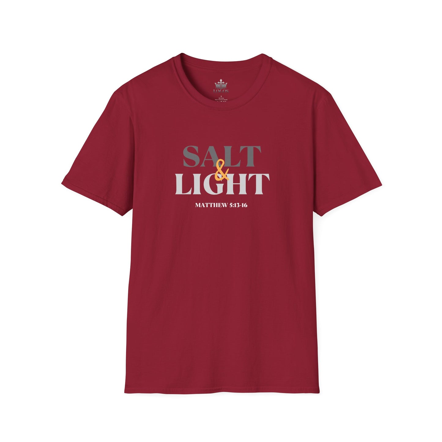 LIghtweight Christian t-shirt in maroon with a Salt & Light design on the front