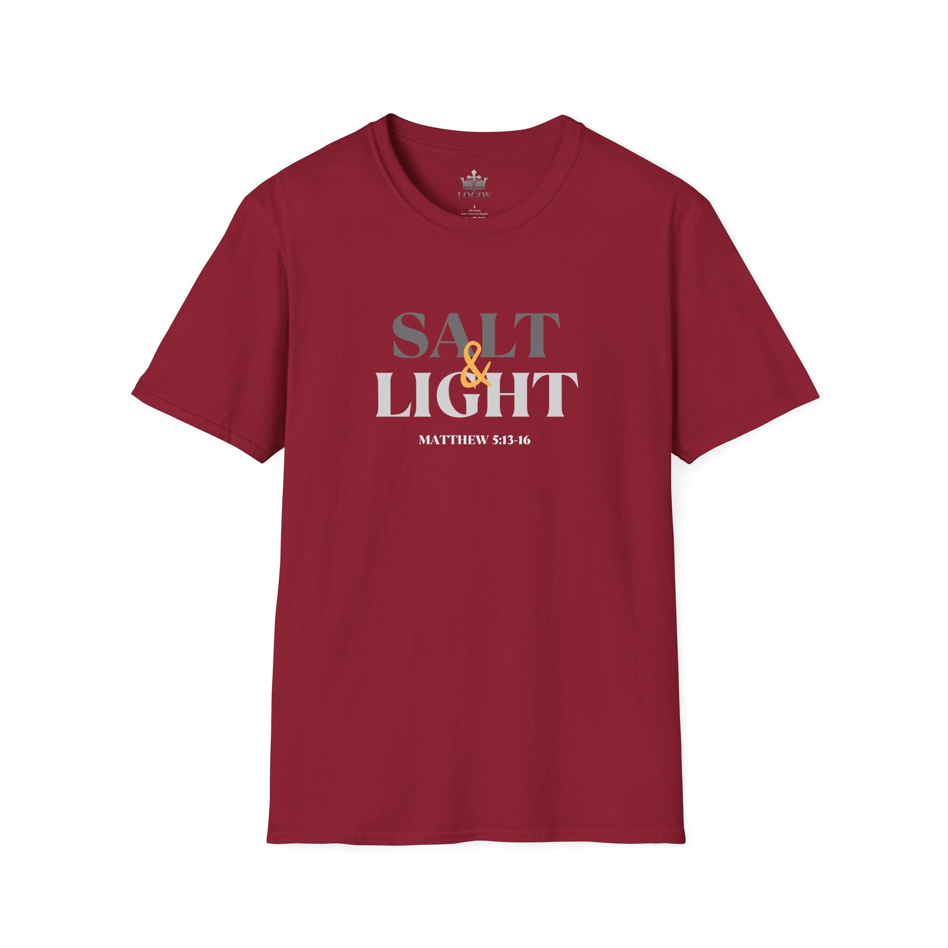 LIghtweight Christian t-shirt in maroon with a Salt & Light design on the front