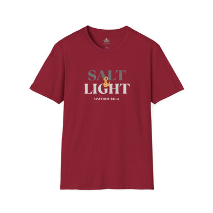 LIghtweight Christian t-shirt in maroon with a Salt & Light design on the front