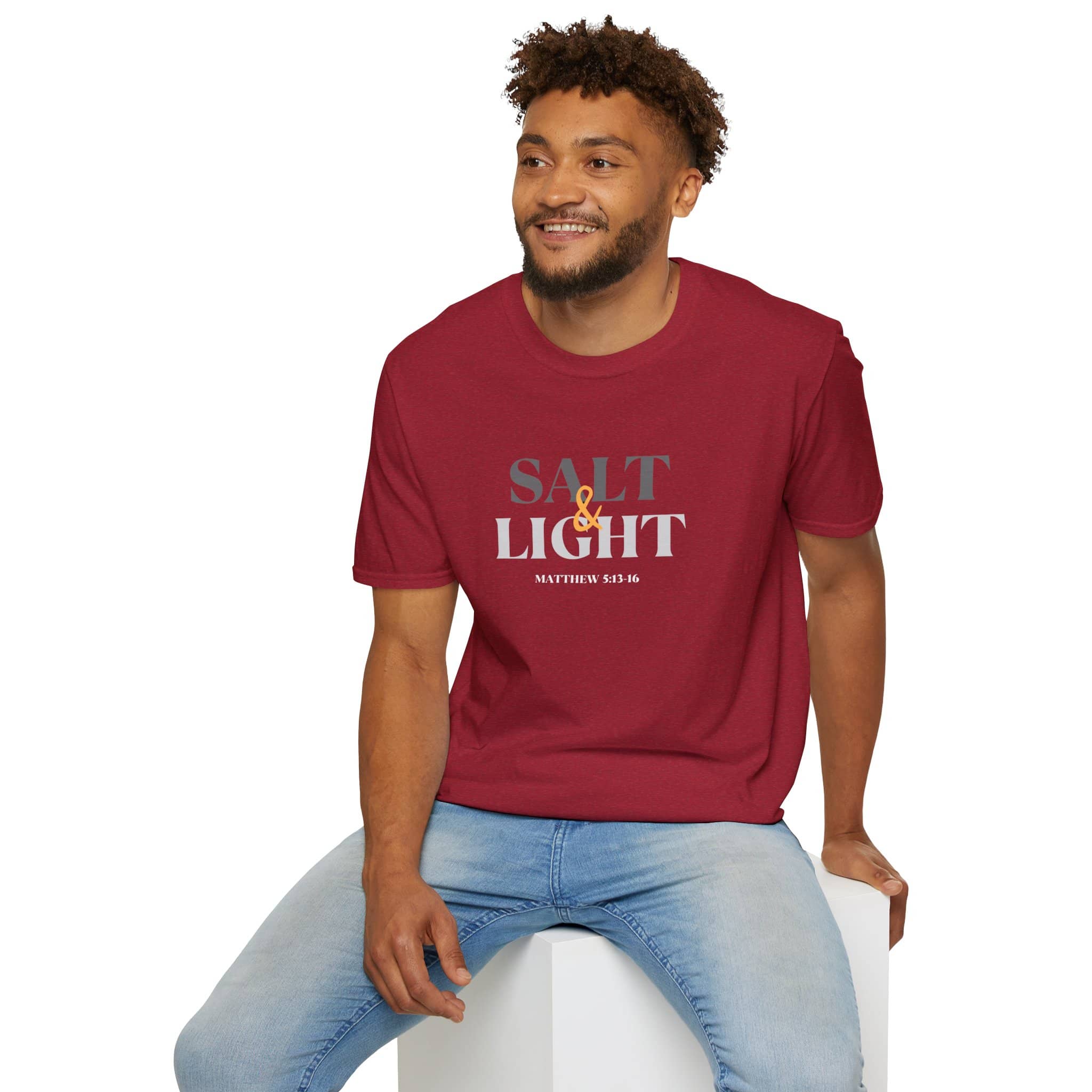 Lightweight Christian t-shirt in maroon featuring Matthew 5:16 Salt and Light design