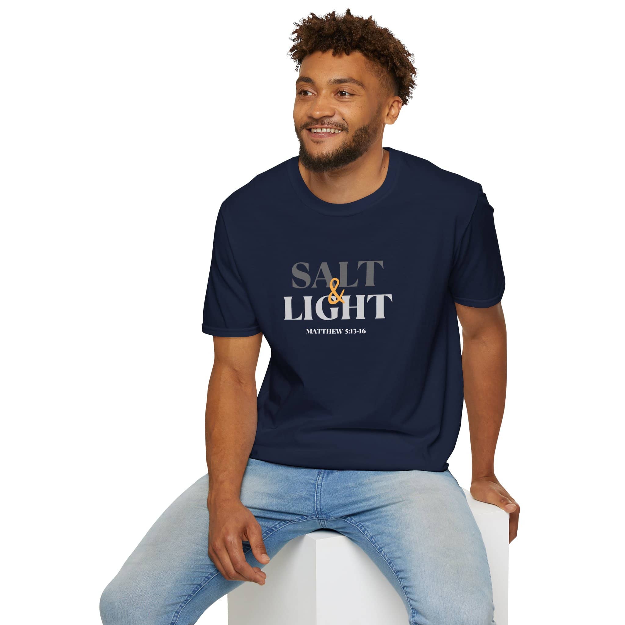 Lightweight Christian t-shirt featuring 'Salt & Light' design with Matthew 5:16 in navy color