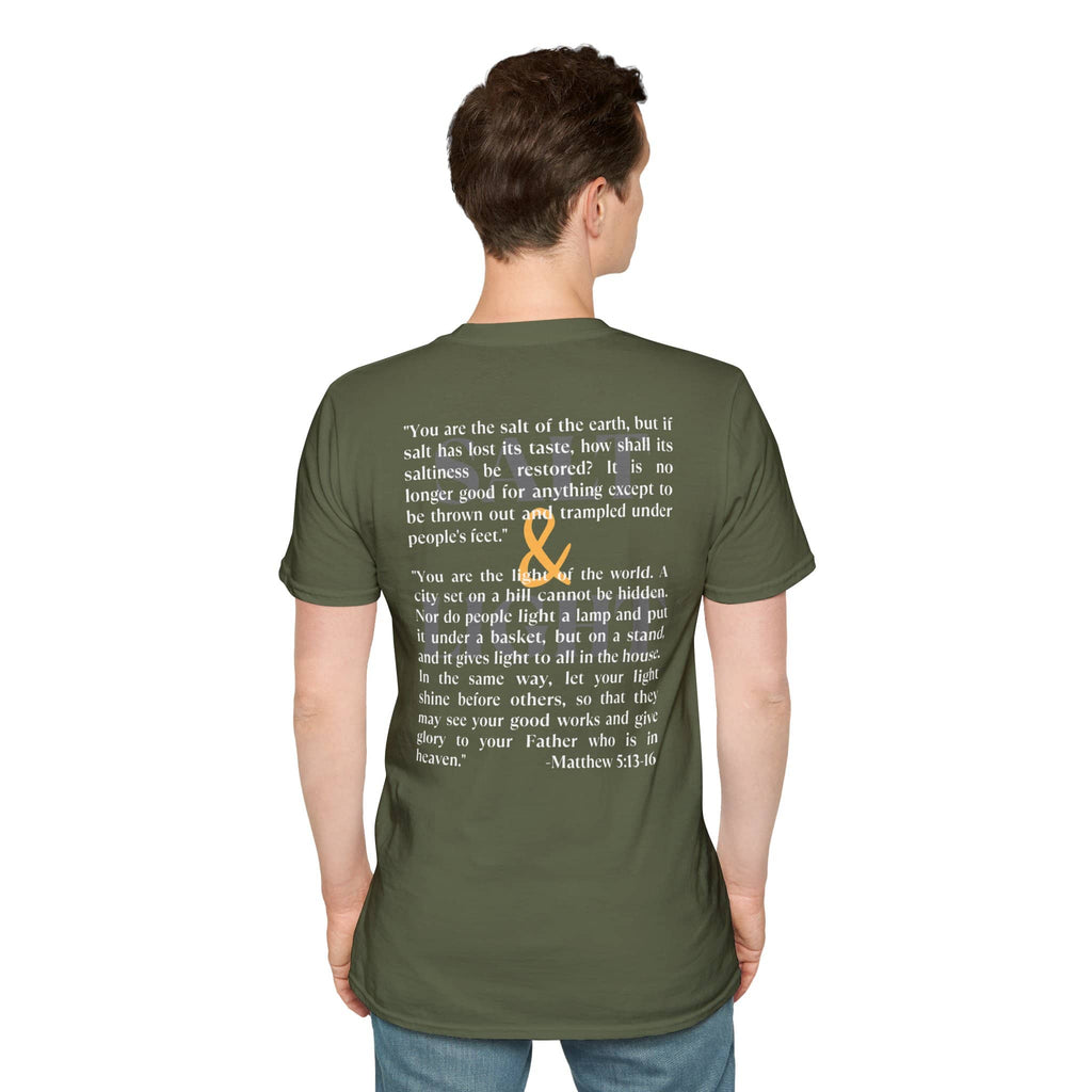 Lightweight Christian t-shirt featuring inspiring Matthew 5:13-16 quote in a stylish design in military green