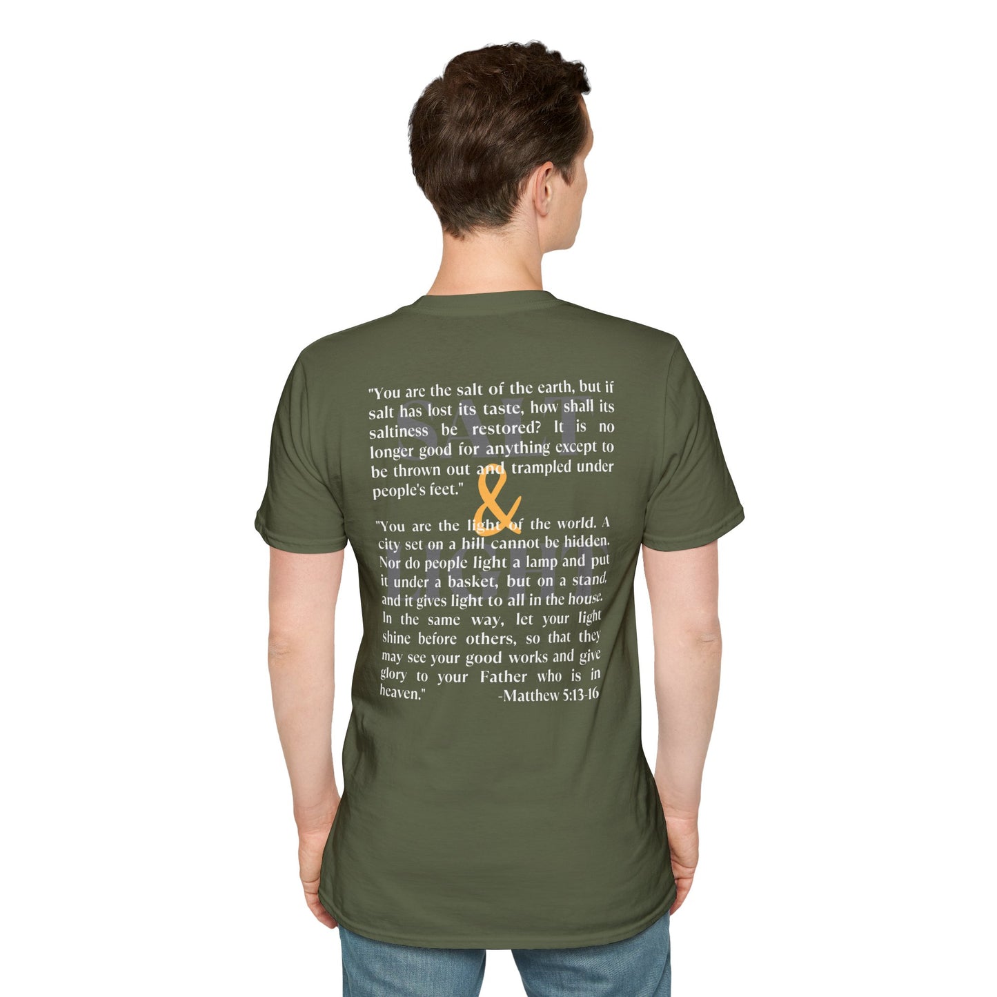 Lightweight Christian t-shirt featuring inspiring Matthew 5:13-16 quote in a stylish design in military green