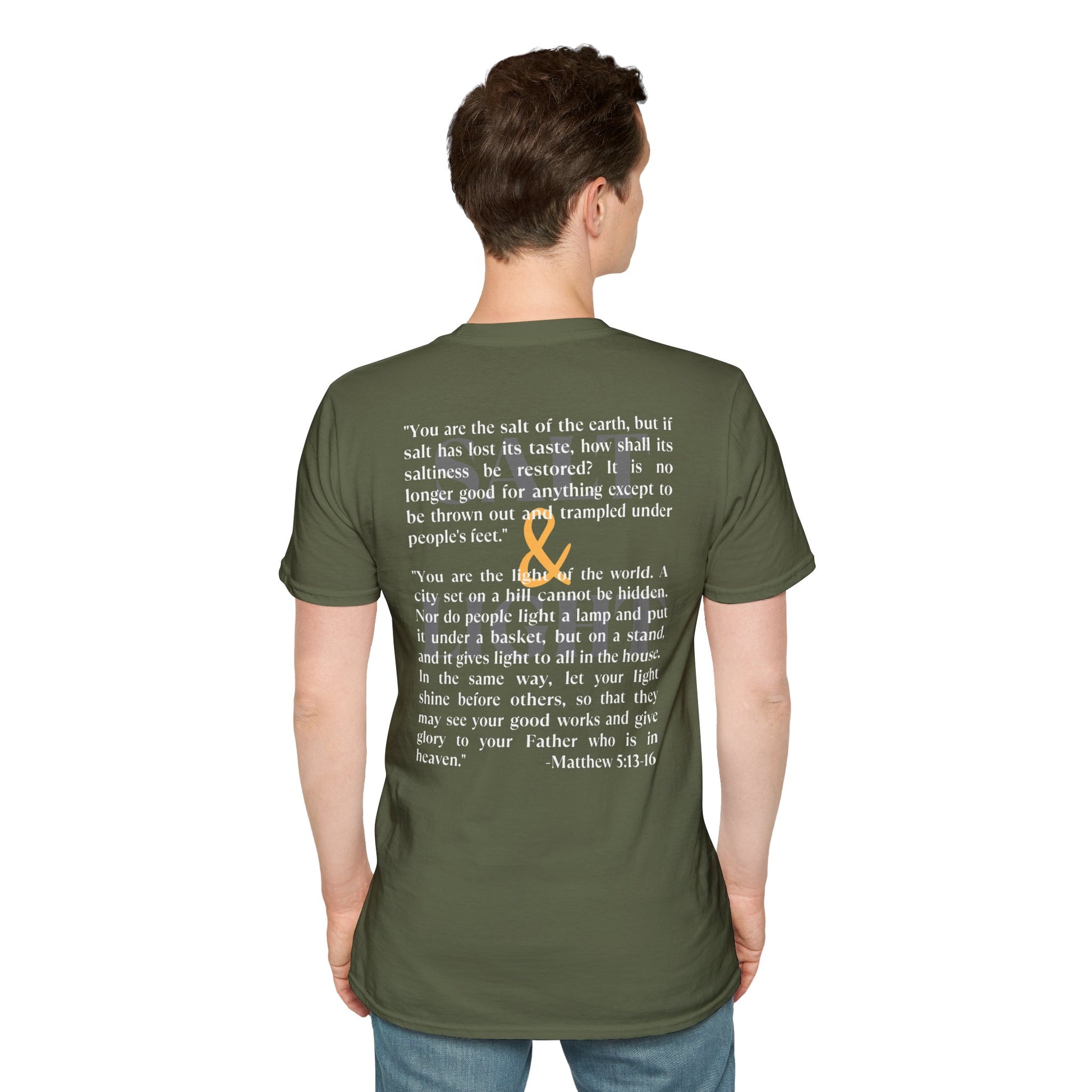 Lightweight Christian t-shirt featuring inspiring Matthew 5:13-16 quote in a stylish design in military green