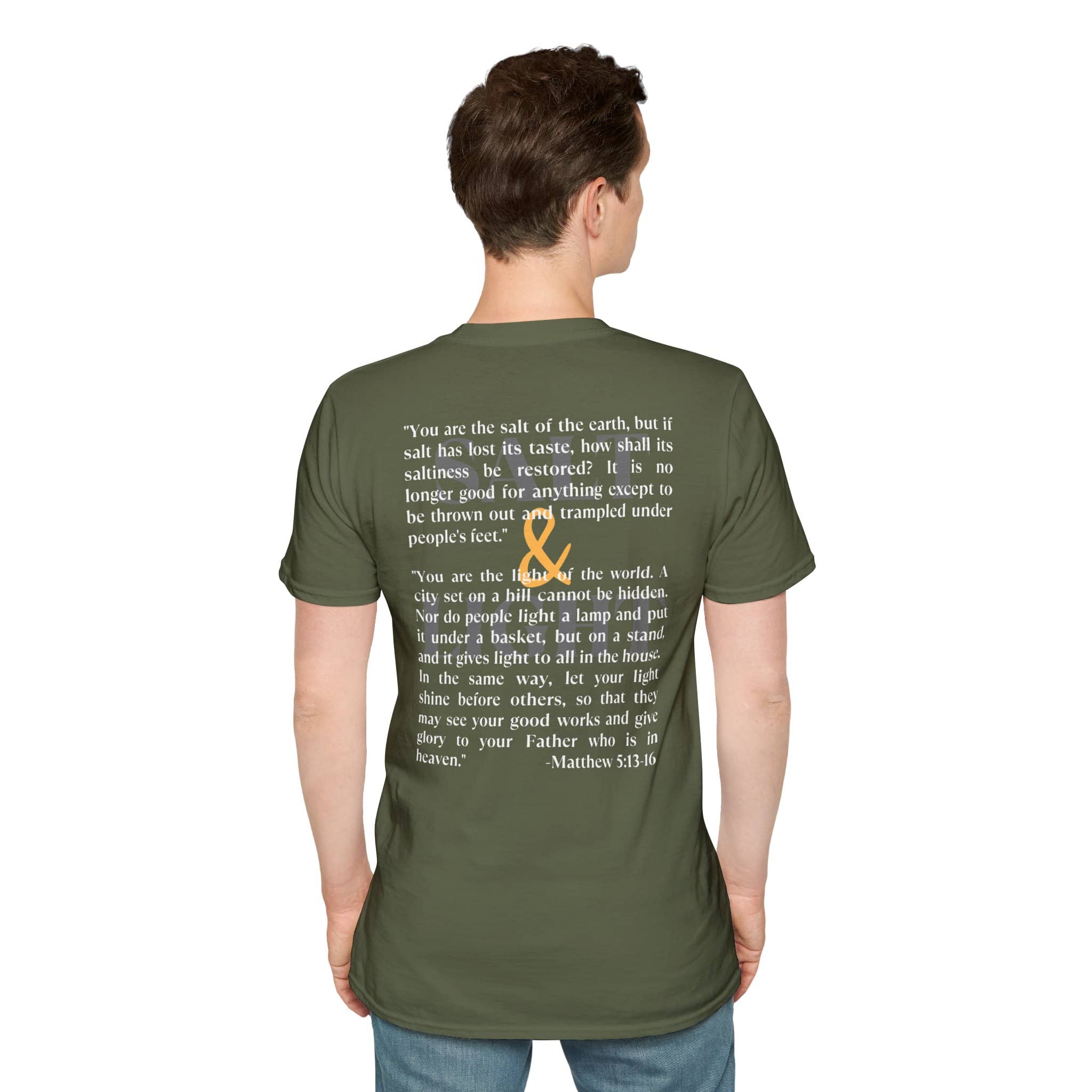 Lightweight Christian t-shirt featuring inspiring Matthew 5:13-16 quote in a stylish design in military green