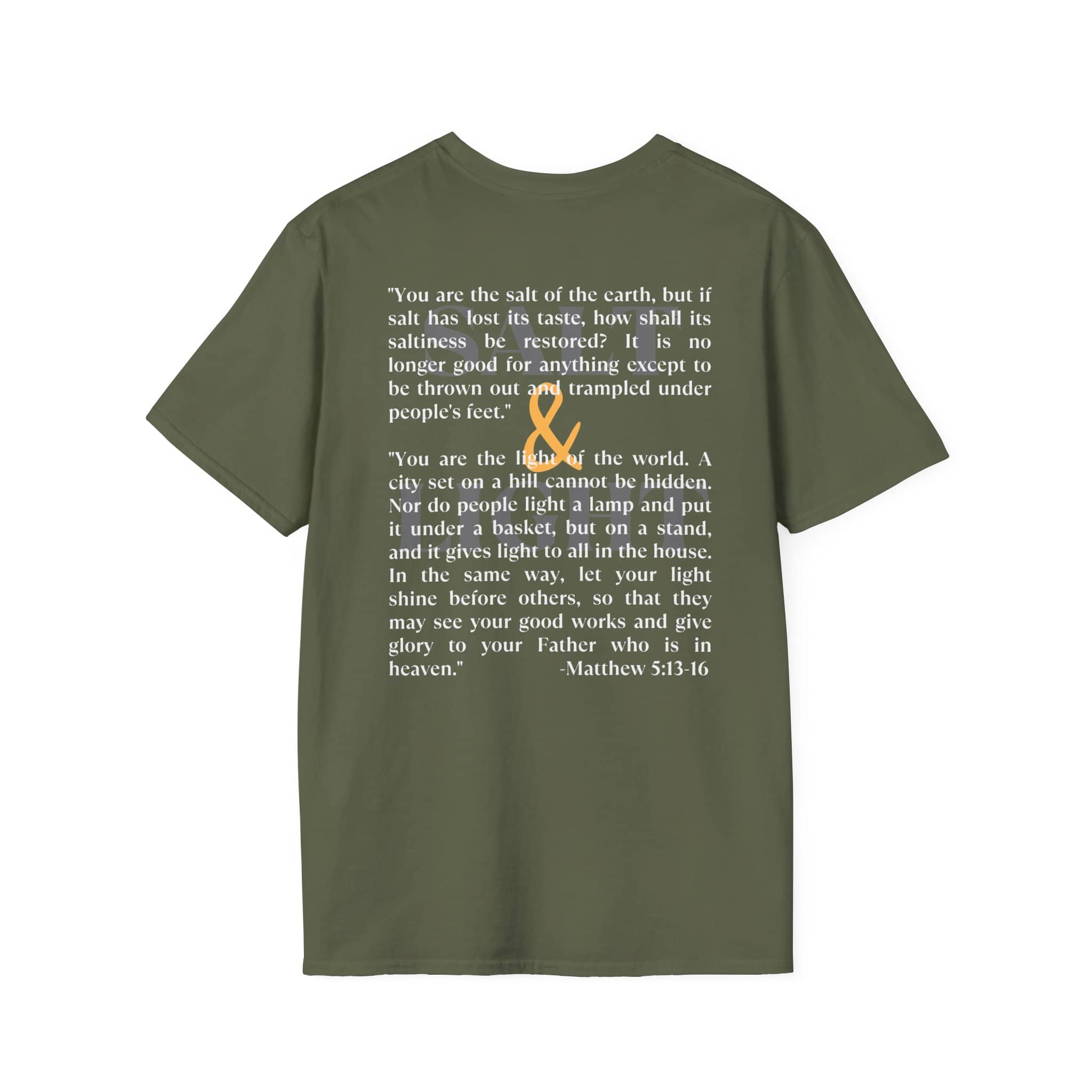 Olive green Lightweight Christian t-shirt with inspirational Matthew 5:13-16 scripture design on the back