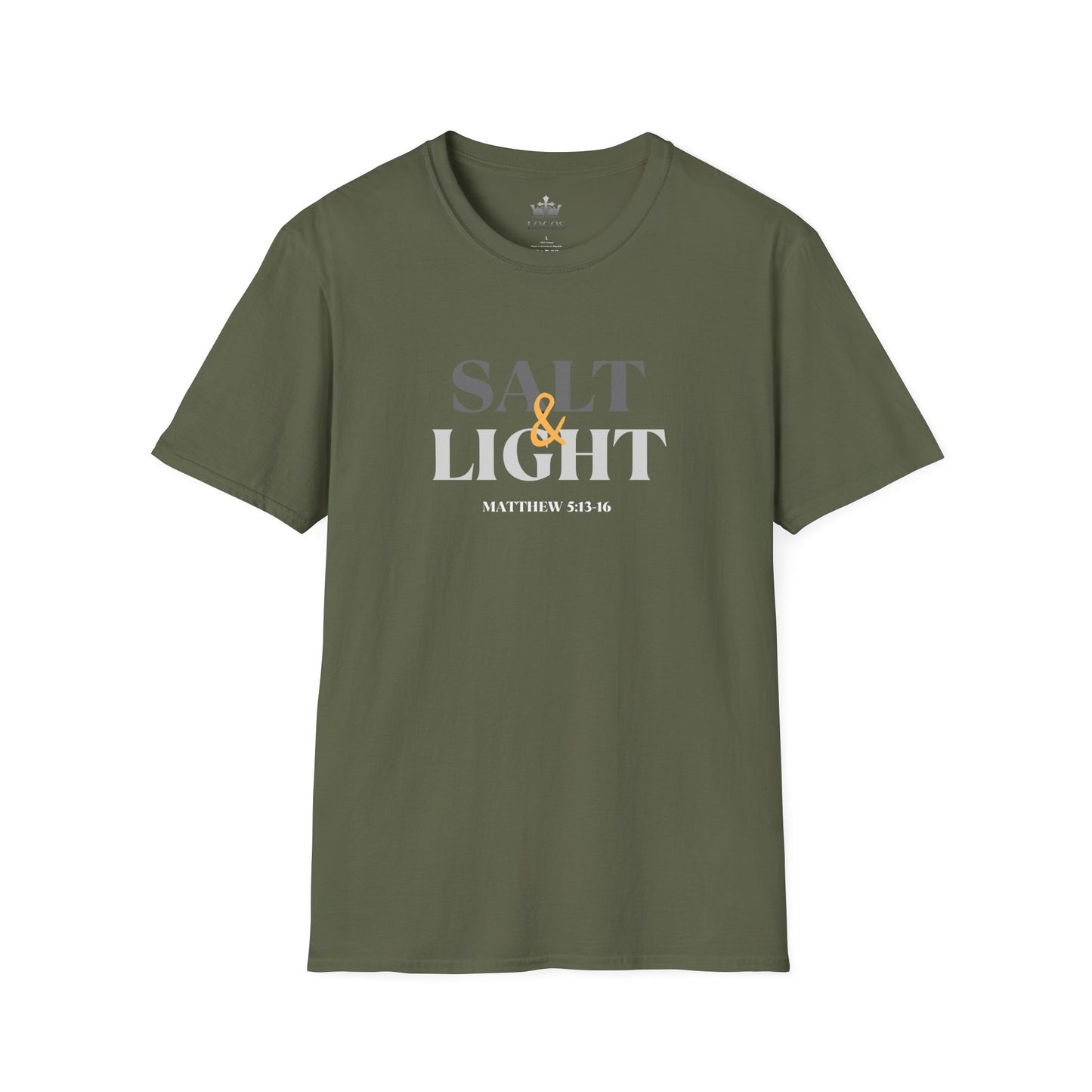 Lightweight Christian t-shirt featuring inspiring Salt & Light quote in a bold design in military green