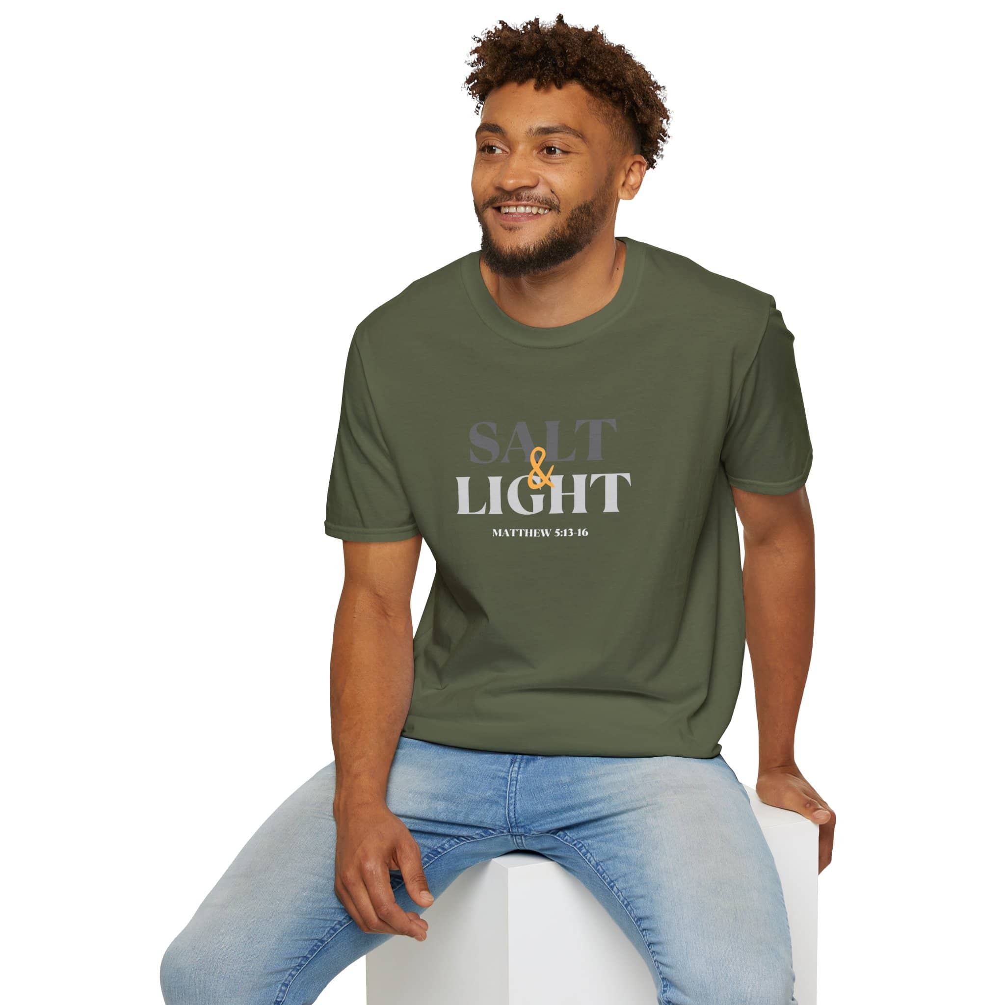 Lightweight Christian t-shirt featuring the message Salt and Light from Matthew 5:16