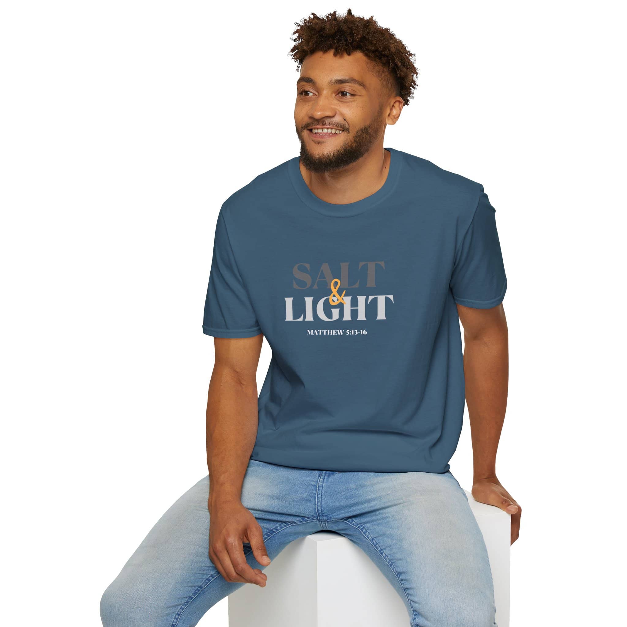 Lightweight Christian t-shirt featuring 'Salt & Light' design inspired by Matthew 5:13-16