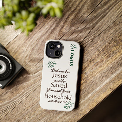 Logos Co. Bible verse tough phone case with inspirational Christian text and decorative leaves on white background