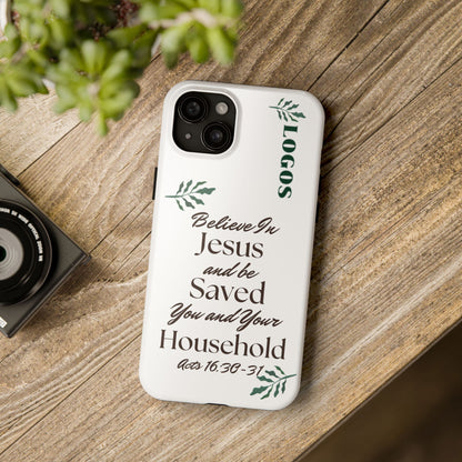 Logos Bible verse phone case with Acts 16:30-31 scripture and decorative green leaves