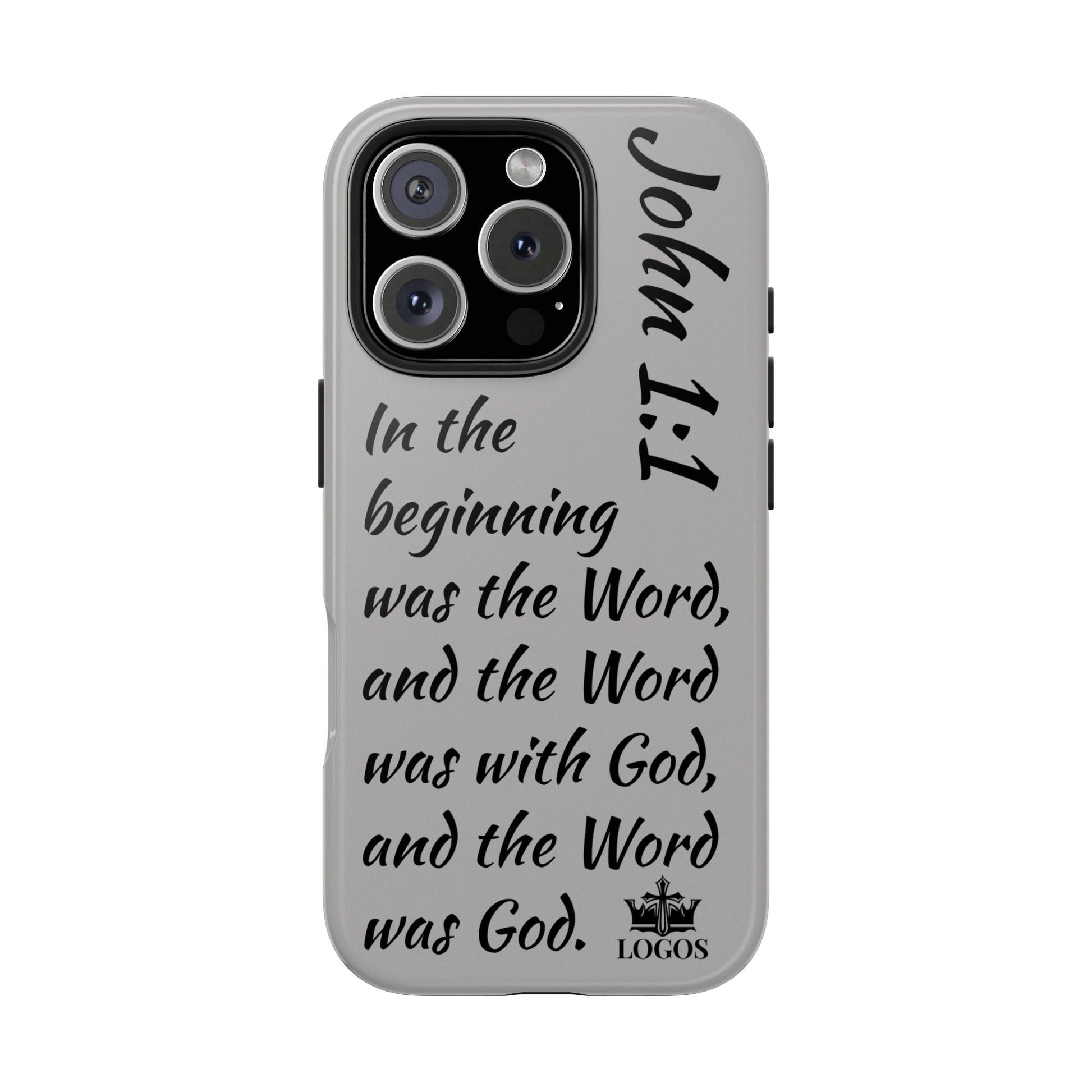 Logos Bible verse phone case featuring John 1:1 scripture design in black text on gray background