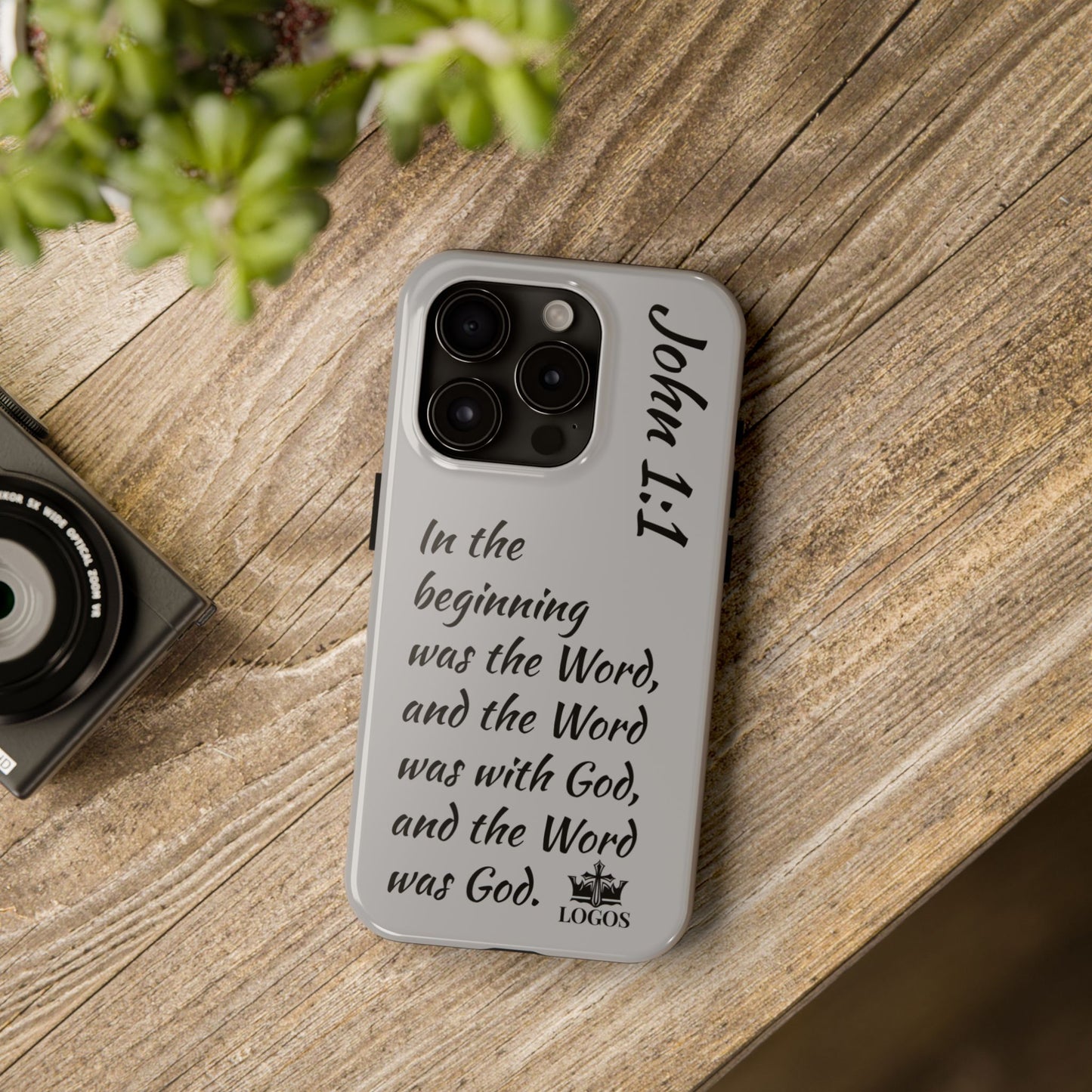 Logos Bible verse phone case with John 1:1 scripture text on gray background for iPhone