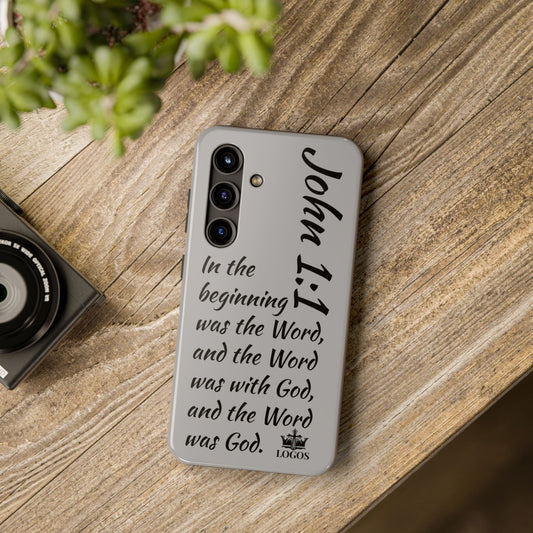 Logos Bible verse phone case with John 1:1 inspirational scripture design on gray background