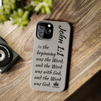 Bible verse phone case from Logos featuring John 1:1 scripture on a gray background
