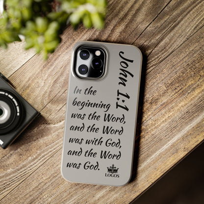 Bible verse phone case with John 1:1 scripture design on gray background by Logos