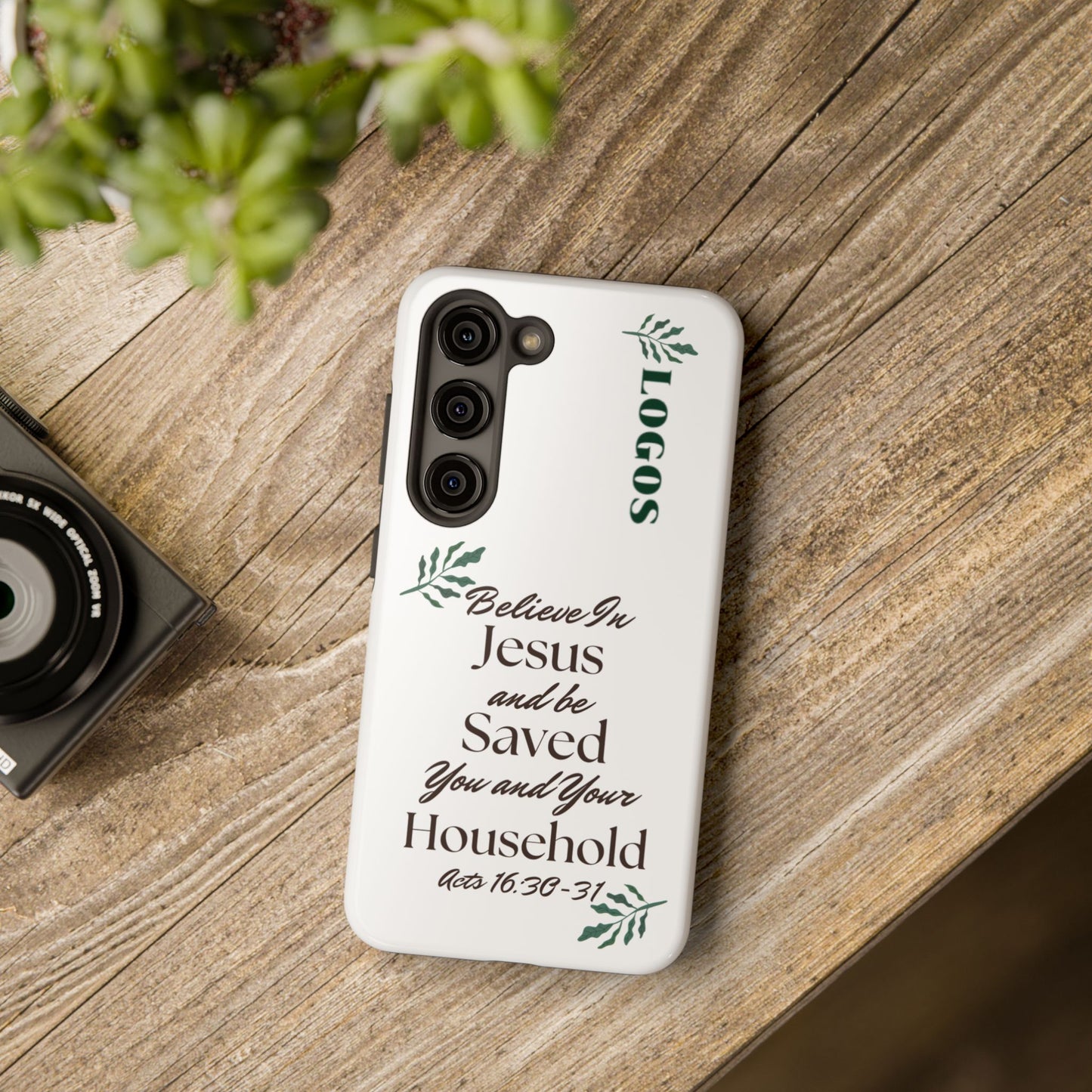 Bible verse phone case with Believe in Jesus design and scripture from Acts 16:30-31 on white background