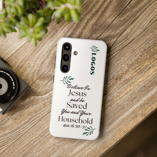 Logos Bible verse phone case with inspirational religious text and decorative greenery design on white background