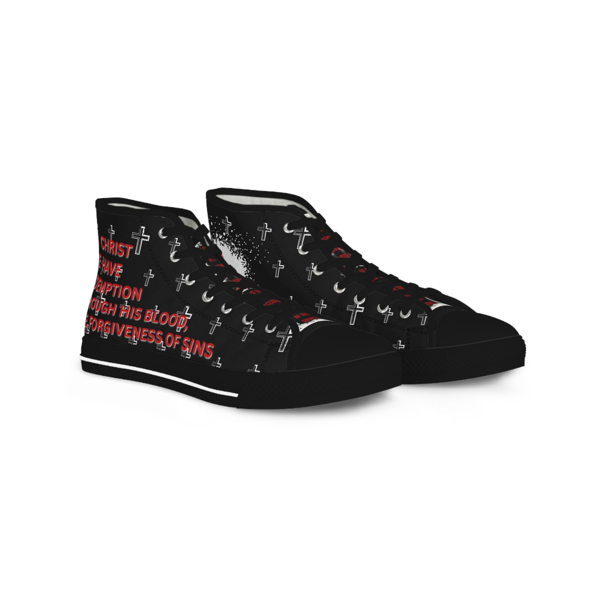 Christian high-top sneakers black canvas with white cross pattern red scripture text durable rubber sole