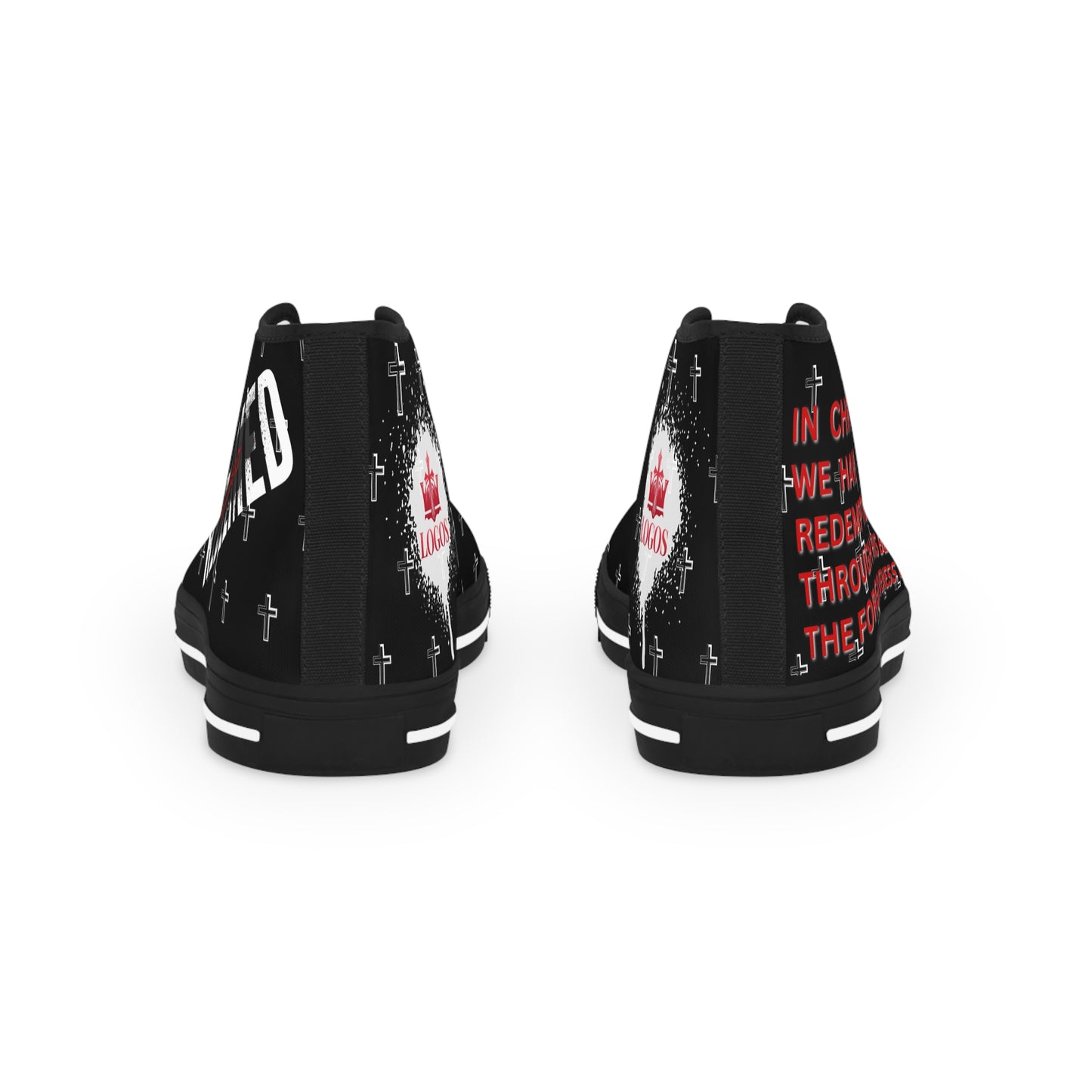 Logos Christian high-top sneakers black canvas with white crosses red scripture text distressed graphic heel