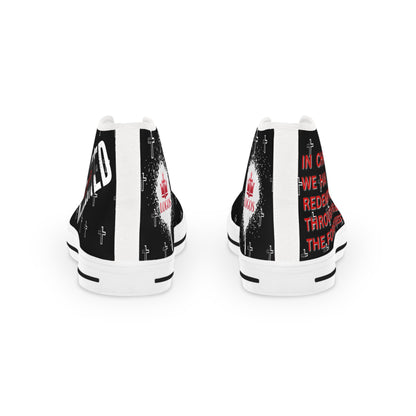 Christian high-top sneakers back view in black white and red with cross pattern and scripture text on canvas