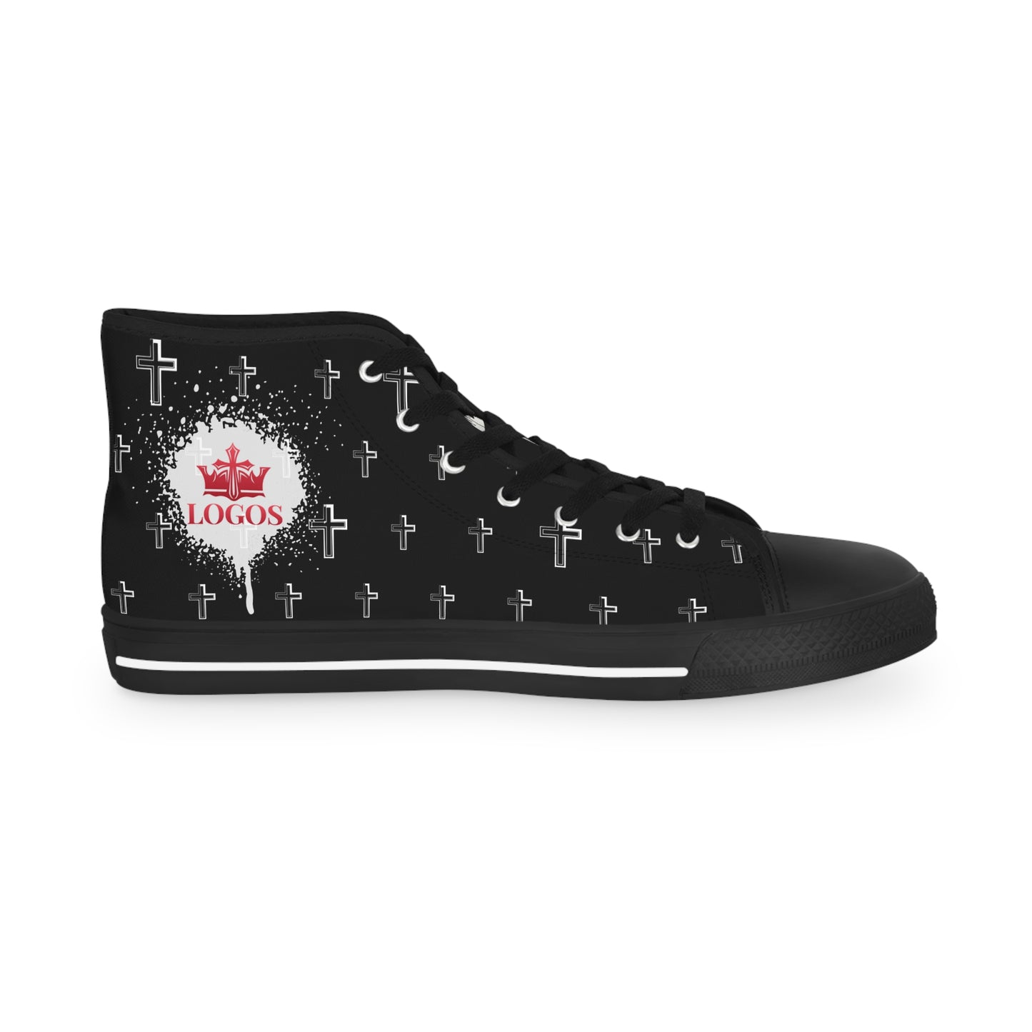 Black Christian high-top sneakers featuring white cross pattern and red Logos emblem on side