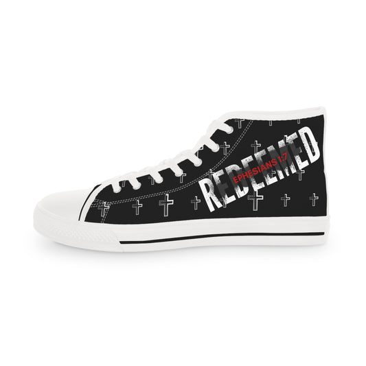 Logos Co. Christian high-top sneakers black canvas with white crosses Redeemed text and Ephesians 1 7 detail