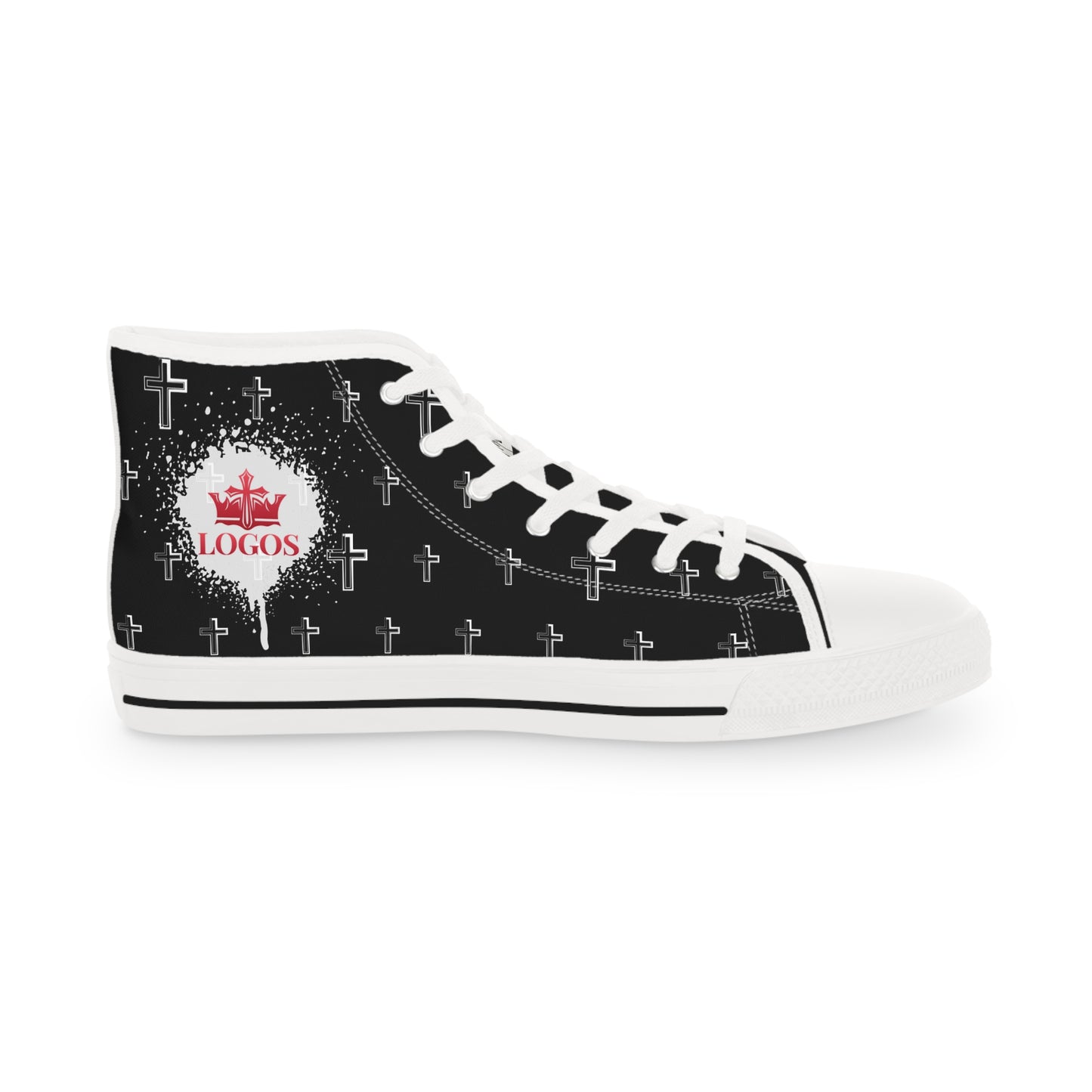 Logos Co. Christian high-top sneakers black canvas shoe with white crosses and red LOGOS crown emblem