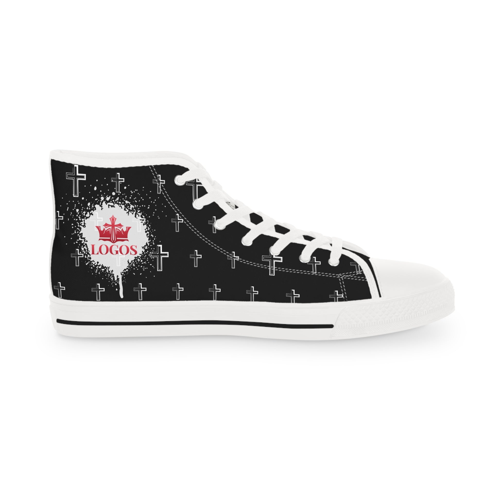 Logos Co. Christian high-top sneakers black canvas shoe with white crosses and red LOGOS crown emblem