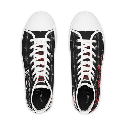 Logos Co. Christian high-top sneakers black canvas top view with white toe caps white laces red cross motifs