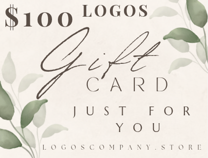 Logos Co. gift cards with 100 dollar value and elegant leaf design on beige background