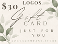 Logos Co. gift cards 30 dollar value with elegant script and green leaf design
