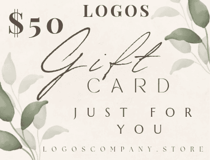 Logos Co. gift cards 50 dollar value with elegant script and green leaf design