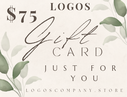 Logos Co. gift cards with 75 dollar value featuring elegant script and green leaf design