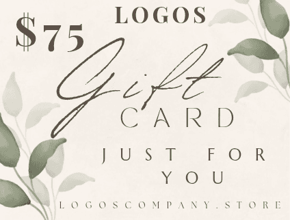 Logos Co. gift cards with 75 dollar value featuring elegant script and green leaf design