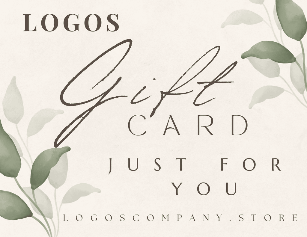 Elegant Logos Co. gift cards with handwritten style text and green leaf accents on a beige background