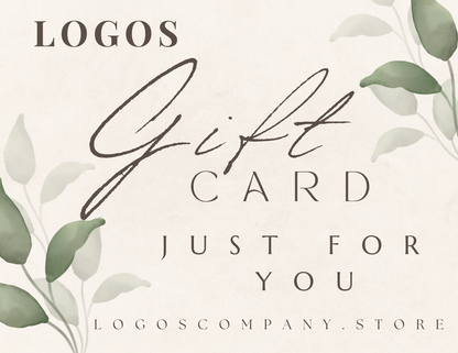 Elegant Logos Co. gift cards with handwritten style text and green leaf accents on a beige background
