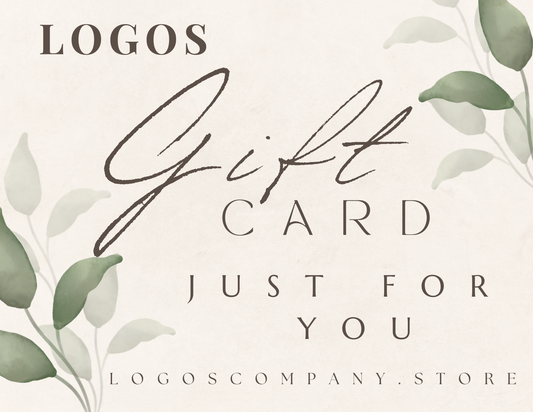 Elegant Logos Co. gift cards with handwritten style text and green leaf accents on a beige background