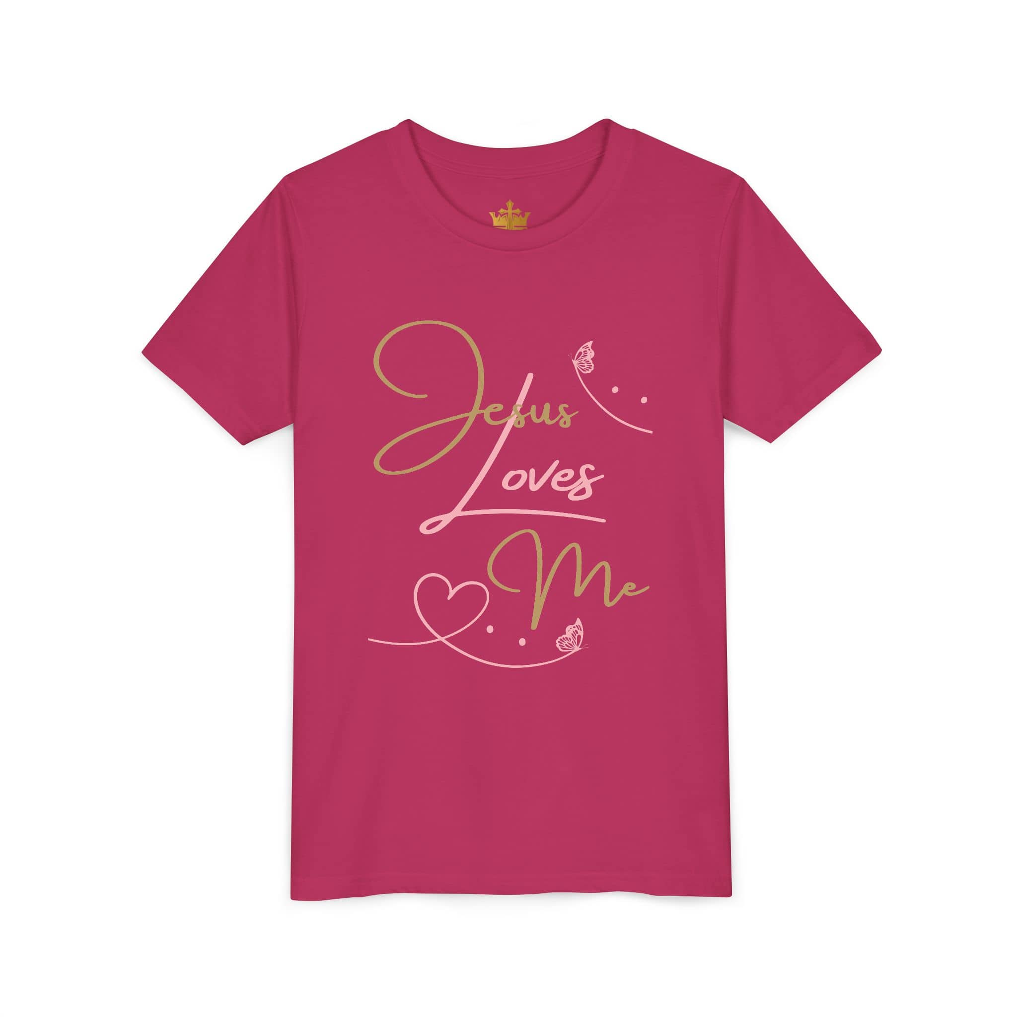Jesus Loves Me youth shirt in pink with heart and floral design for kids