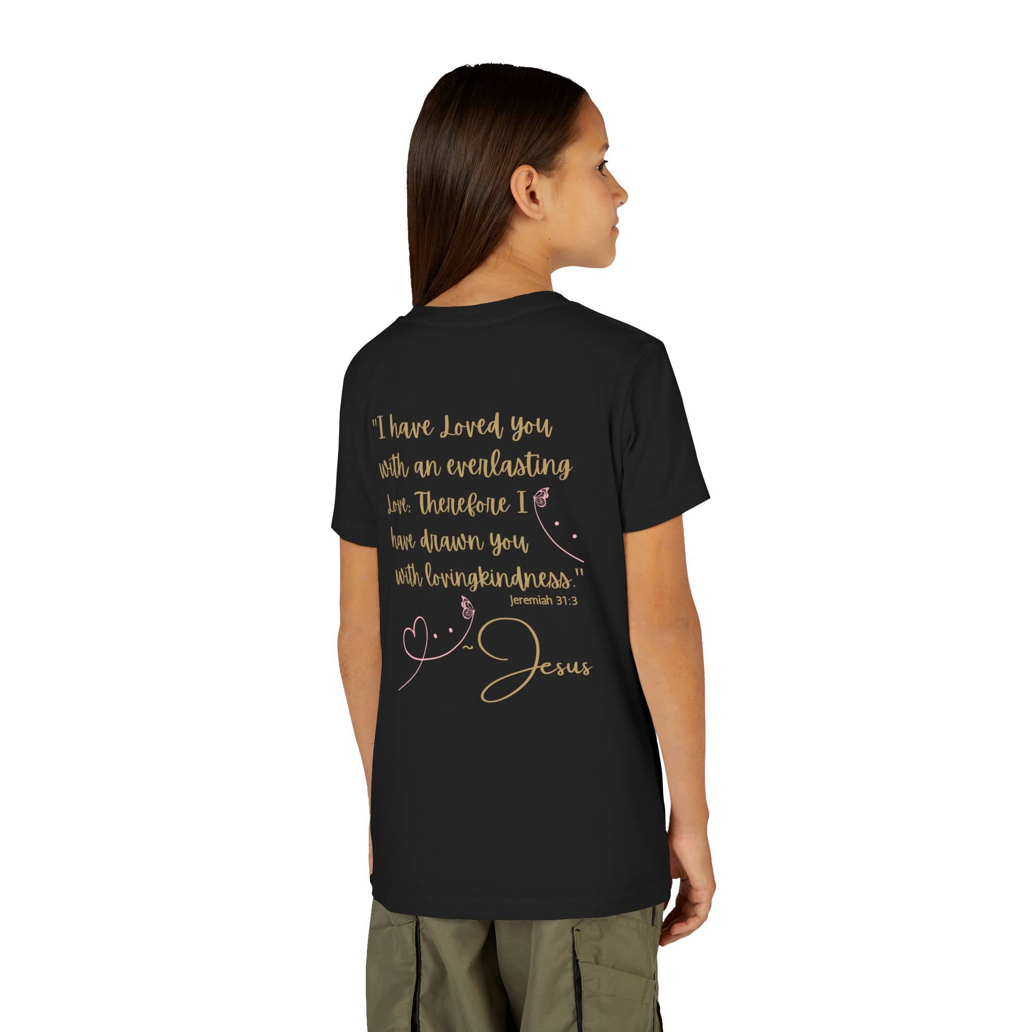 Jesus Loves Me youth shirt in black with inspirational quote from Jeremiah 31:3 on the back