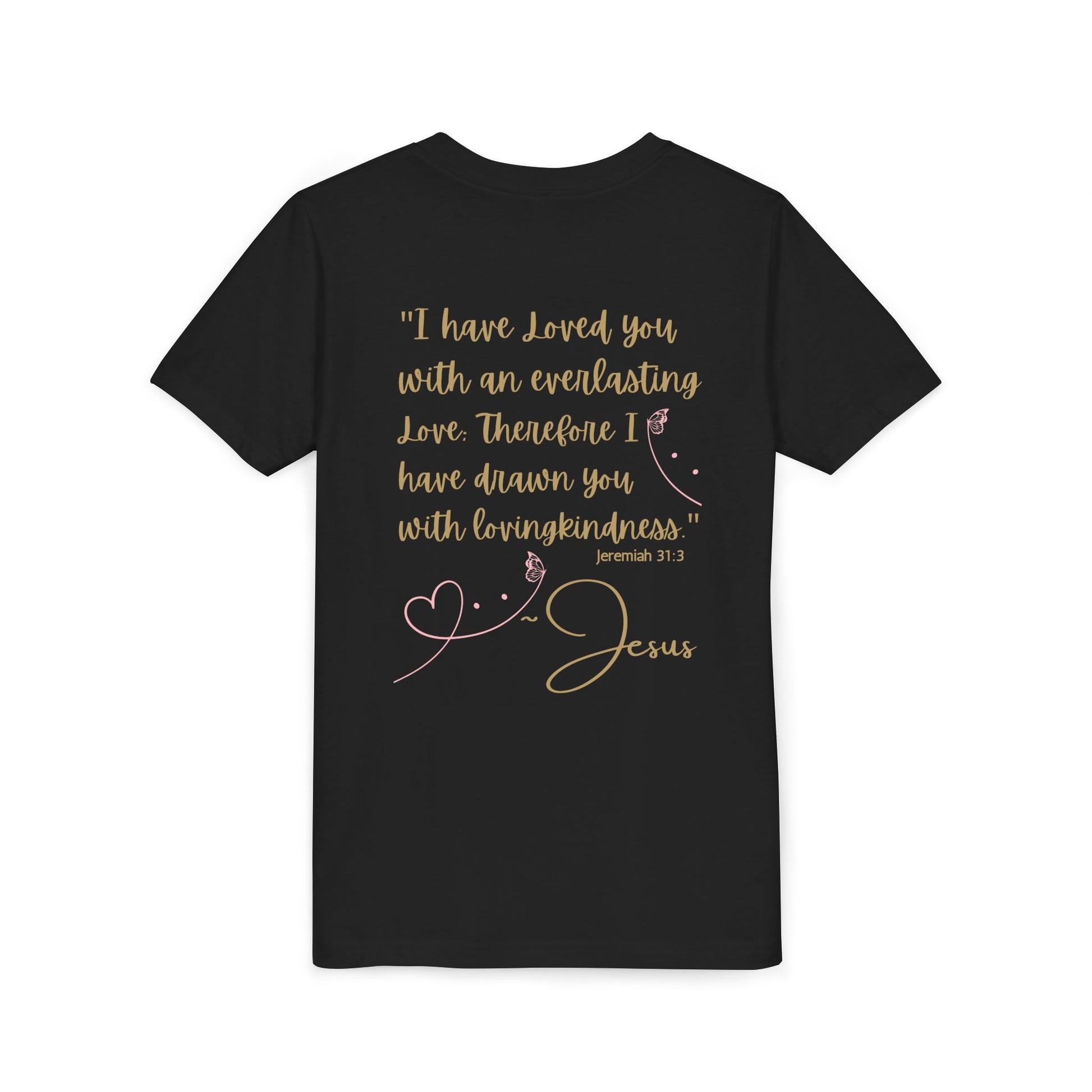 Jesus Loves Me youth shirt in black with inspirational quote and design featuring hearts and birds