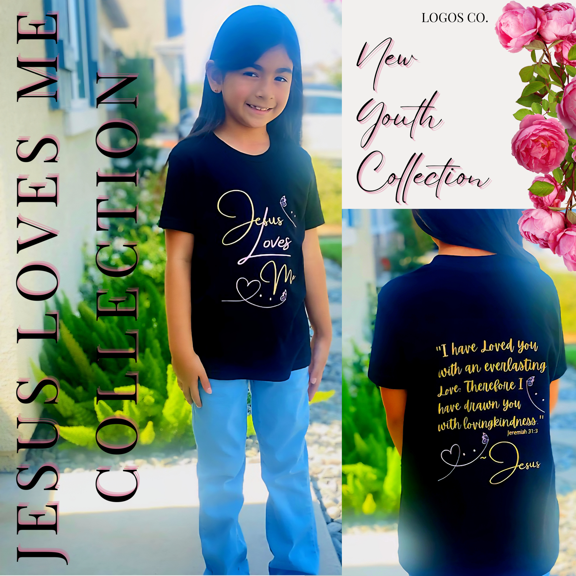 Jesus Loves Me youth shirt in black featuring a colorful front design, perfect for kids' casual wear