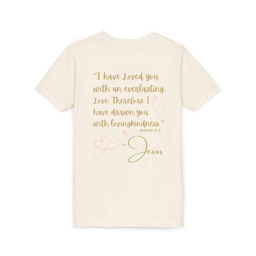 Jesus Loves Me youth shirt featuring a heartfelt biblical quote on the back in soft colors
