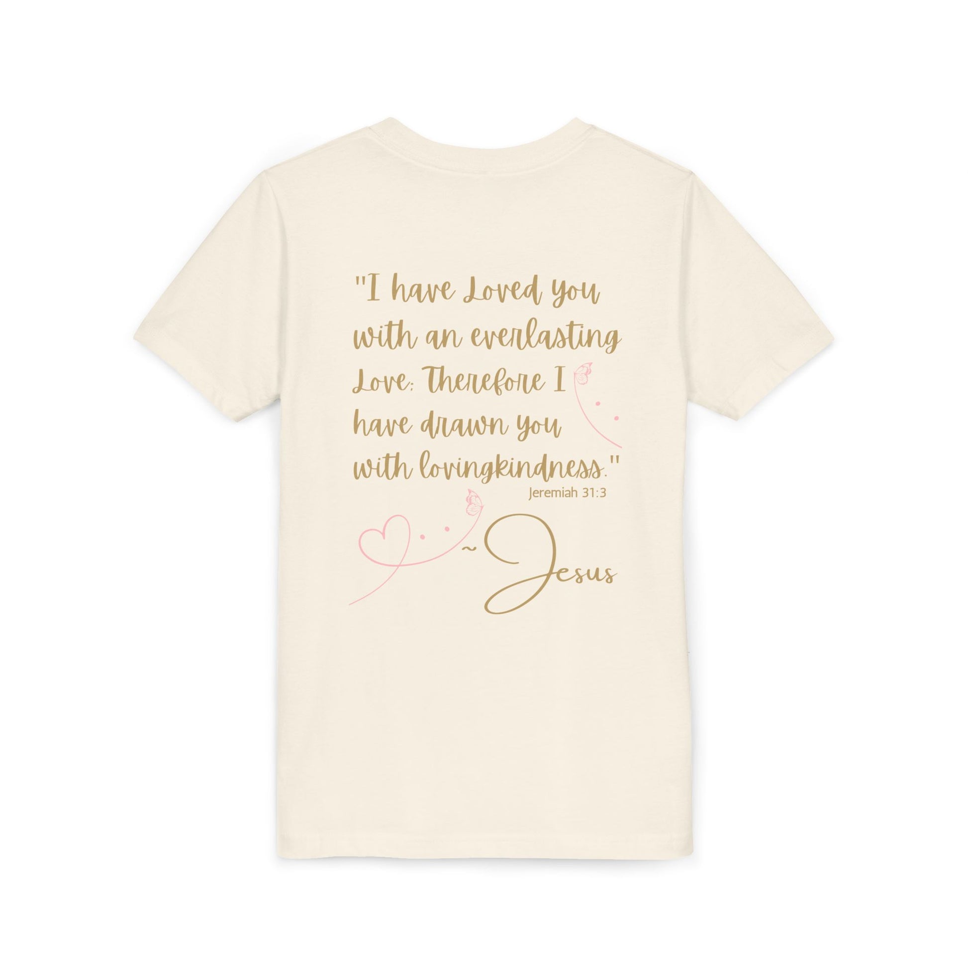 Jesus Loves Me youth shirt featuring a heartfelt biblical quote on the back in soft colors