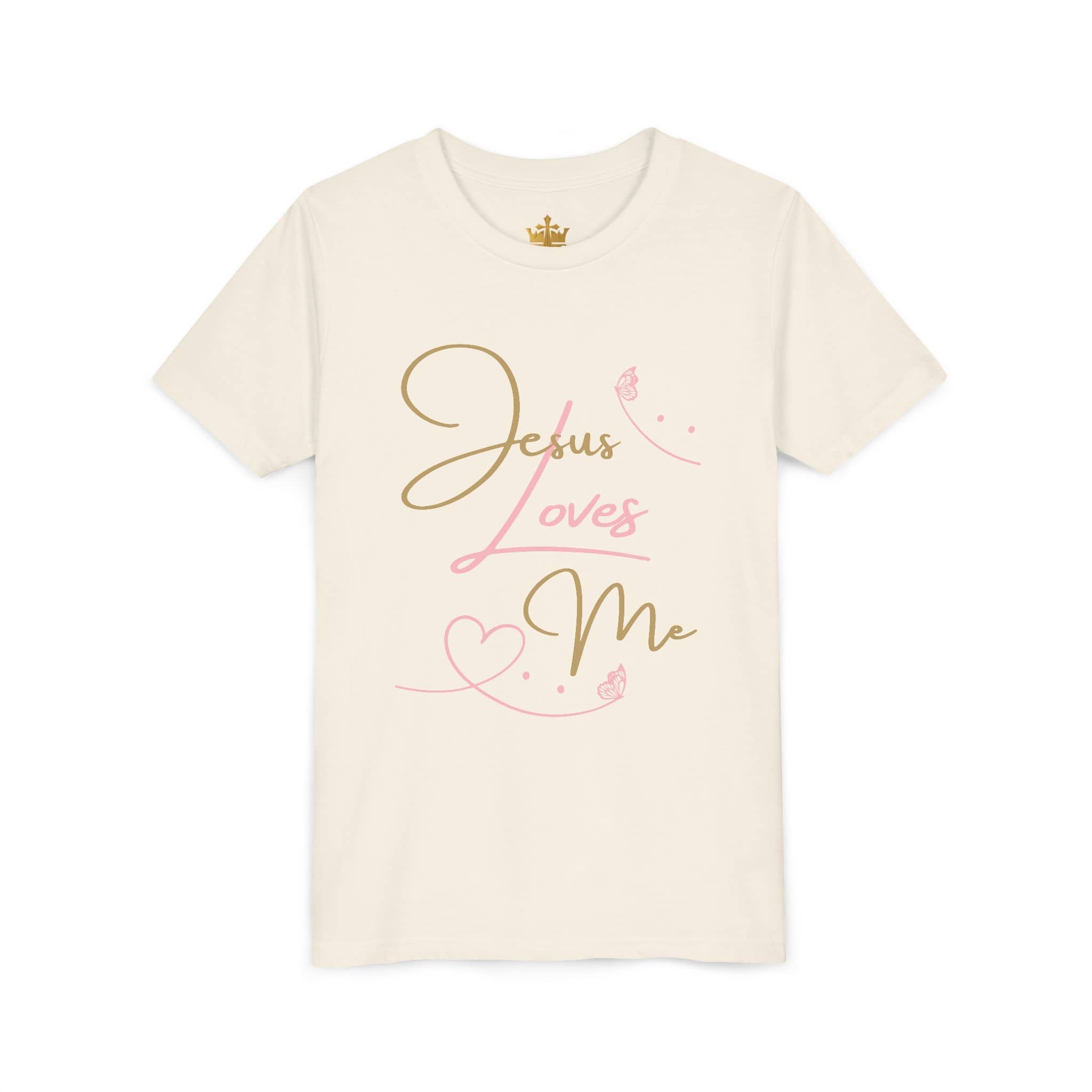 Light beige Jesus Loves Me youth shirt with playful pink and gold text design