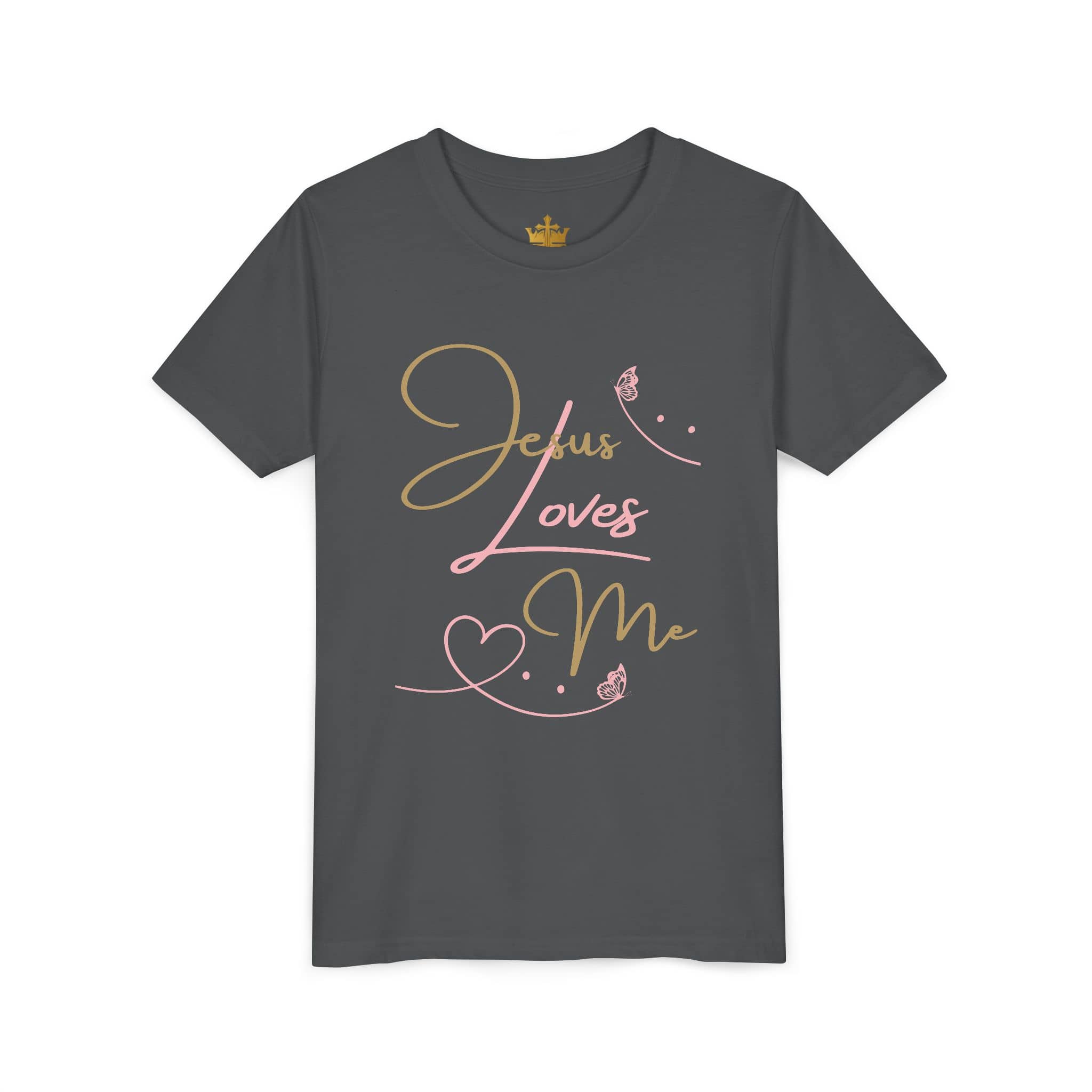 Jesus Loves Me youth shirt in dark gray with colorful script and heart design